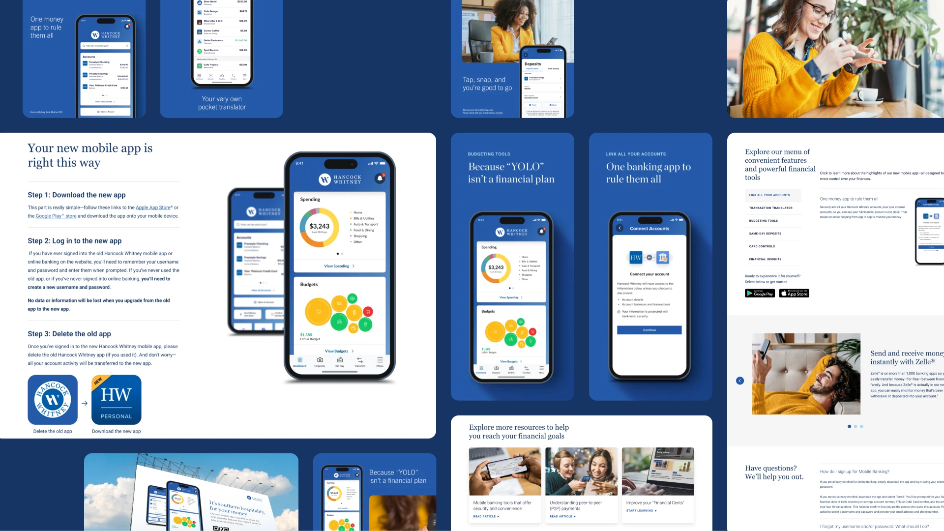 Series of mobile screens introducing the new HWB app.